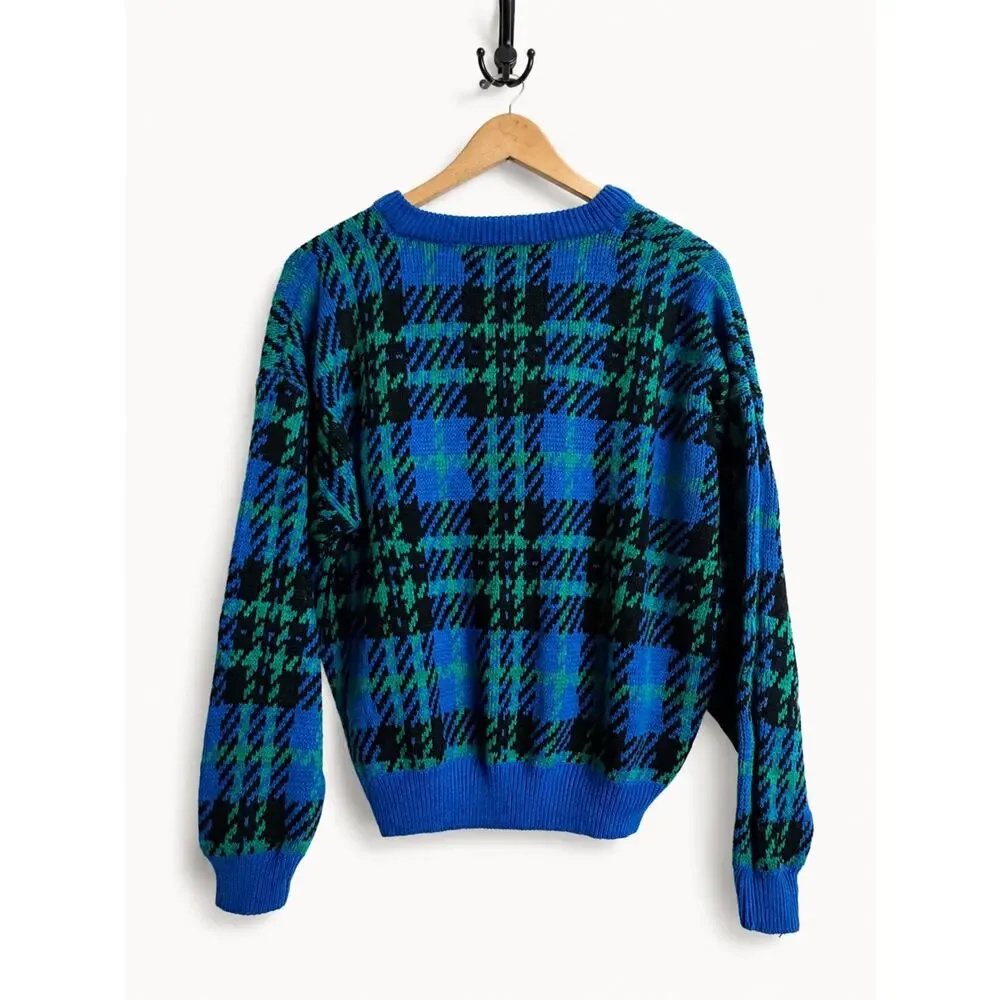 Vintage King’s Court Blue Green Plaid V Neck Knit Sweater Men’s L